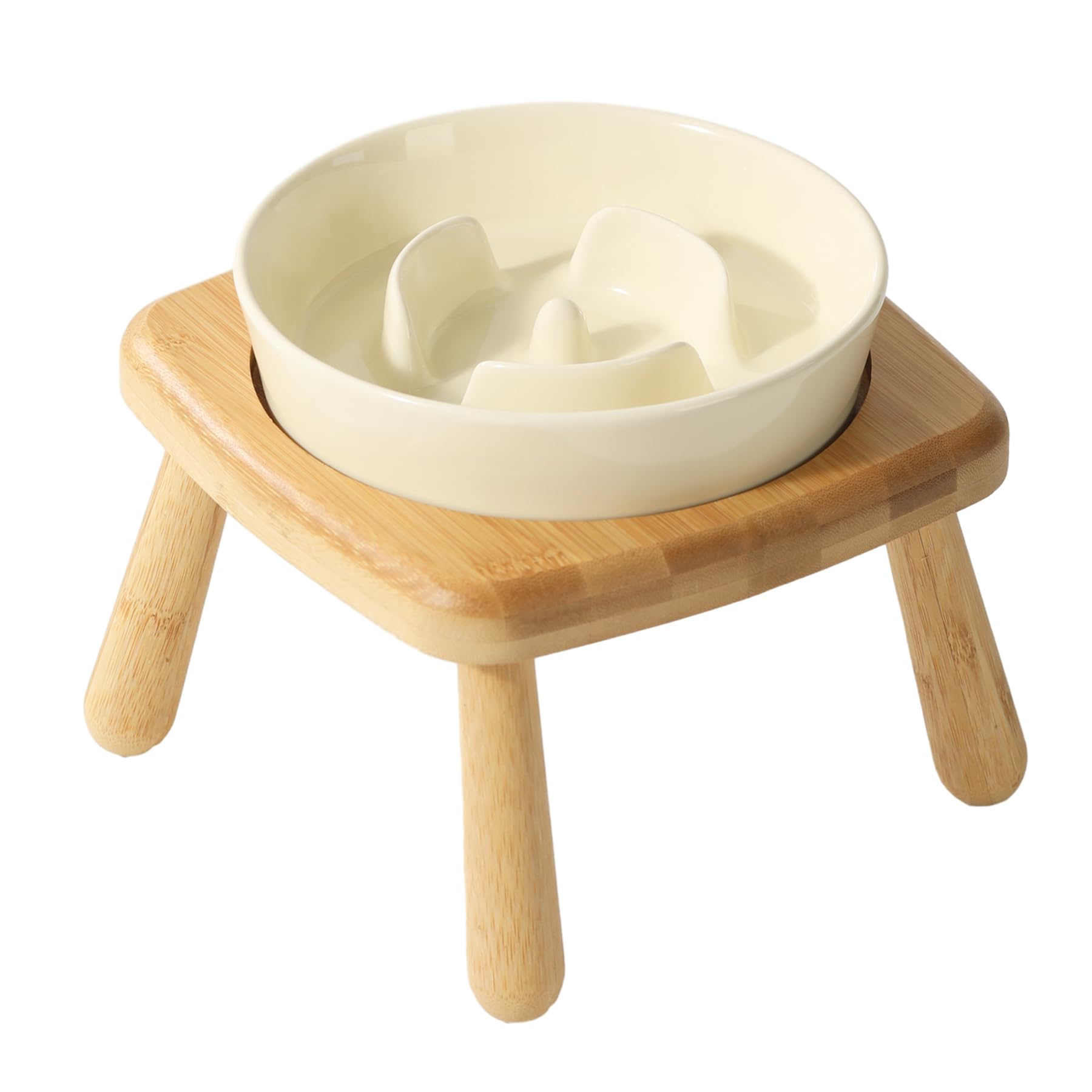 Havniva Ceramic Slow Dog Feeder Bowls for Small Dog Slow Dog Food Bowl and Water Bowl Stop Bloat Preventing Choking (2 x Beige + Chair Stand 6inch)