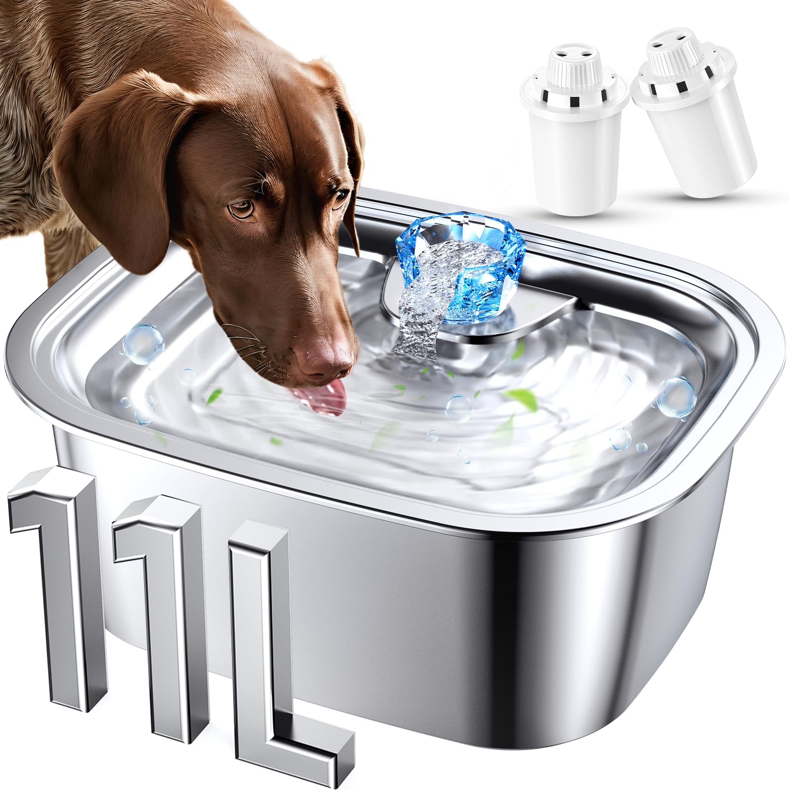 Stainless Steel Dog Water Fountain 3 Gallon Large Pet Water Fountains for Dogs and Cats 11L /386oz Dog Water Bowl Dispenser w/Filter Drinking Bowls Indoor Cat Founatin Quiet Pump Easy to Use