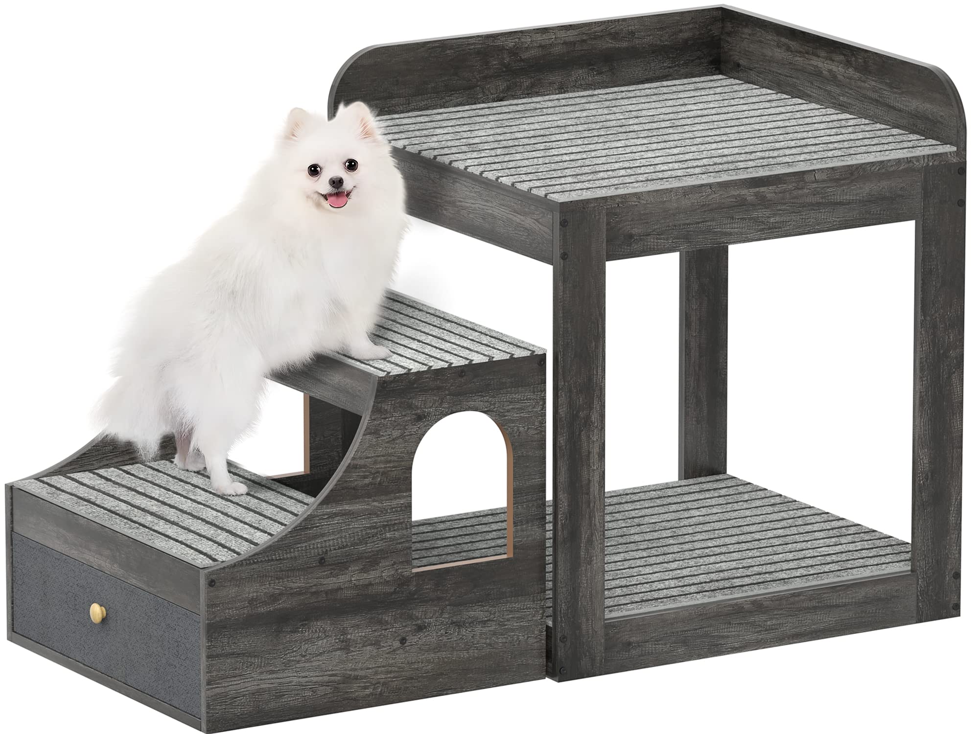 Cyclysio Pet Window Perch with Stairs Super Large Pet Bunk Bed for Cats Multi-Level Pet Seat Platform with Mats Pet Bed Couch with Drawers for Bedside Home Indoor Use Large Size Grey