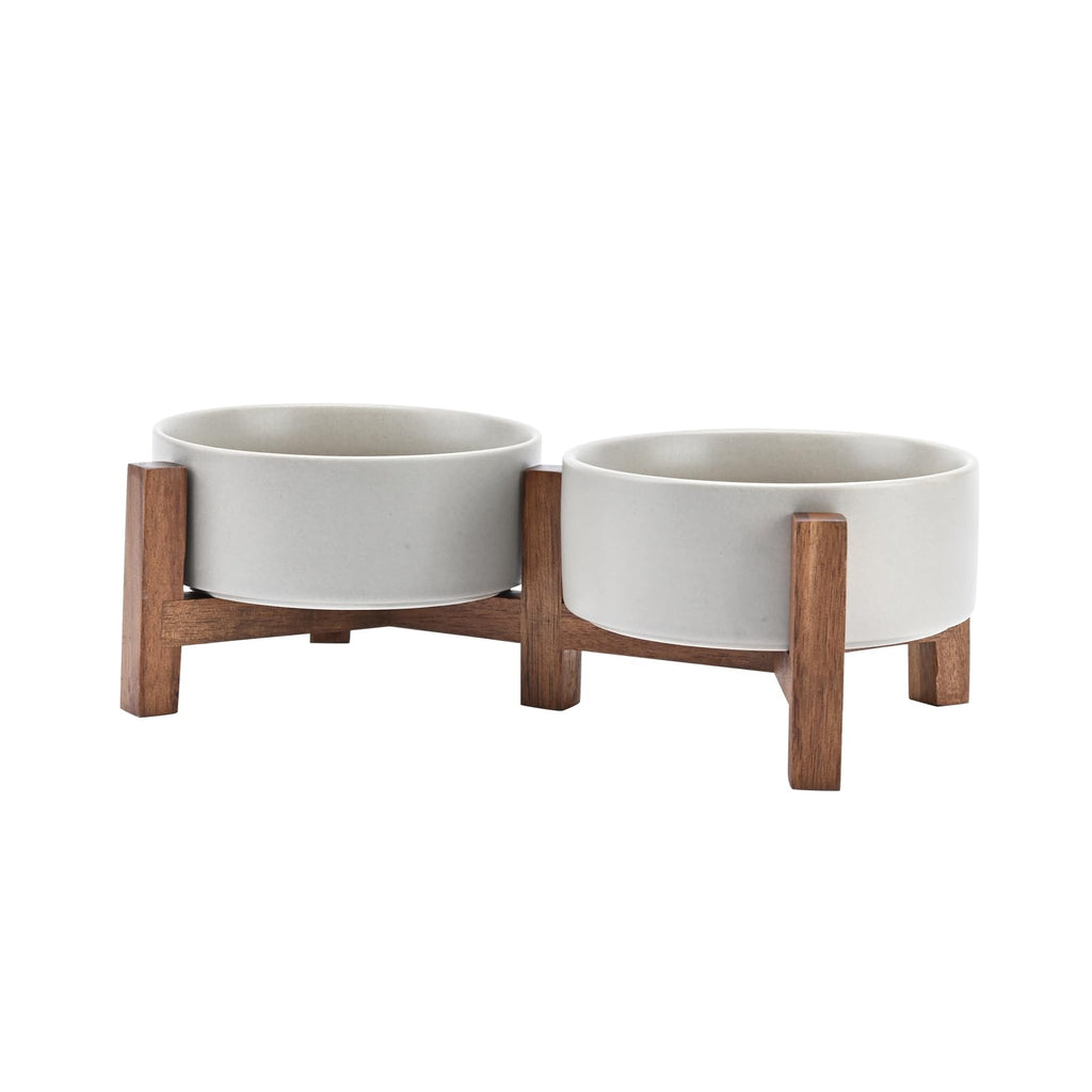 Ceramic Dog Bowls Dog Bowl Set with Acacia Wood Stand Raised Dog Bowl Dog Food and Water Bowl for Small Medium Sized Dog(13.52 OZ Gray)
