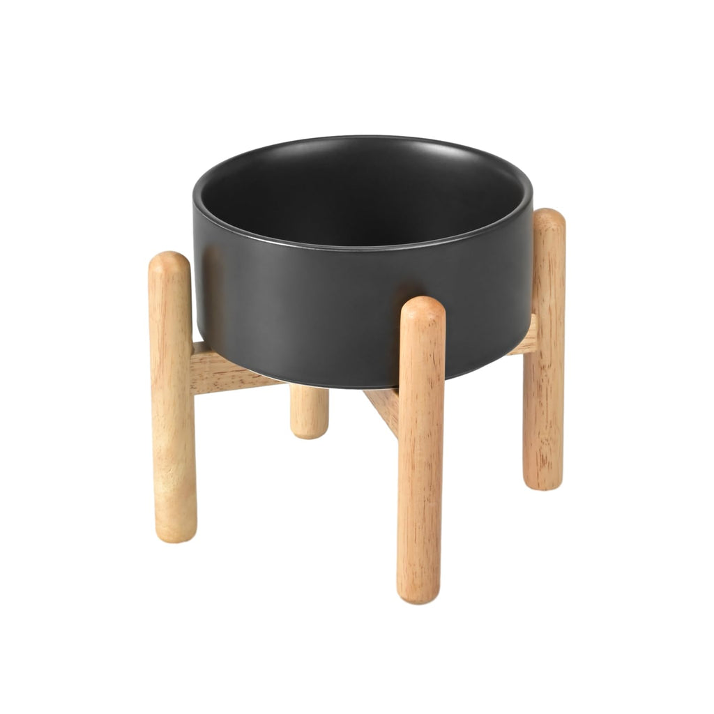 SPUNKYJUNKY Ceramic Raised Dog Bowls with Wooden Stand Elevated Dog Bowl Food and Water Pet Feeding Bowl for Small and Medium Dog(Single 28.7OZ BowlBlack)